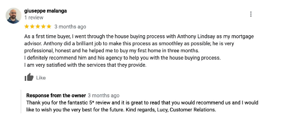 Giuseppe Malanga's 5-star review for exceptional first-time buyer assistance.