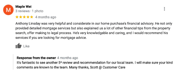 A 5-star review by Maple Wei praising detailed mortgage advice and care.